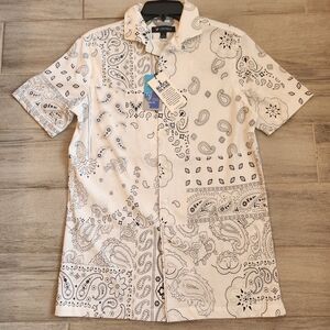 Cremieux camp shirt S white jersey cotton paisley coastal Rhode Island new $85